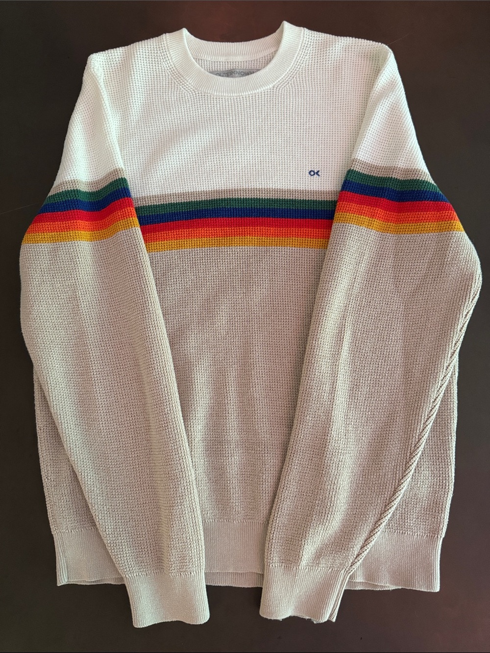 Outerknown White Crewneck Sweater with Rainbow Chest Stripe